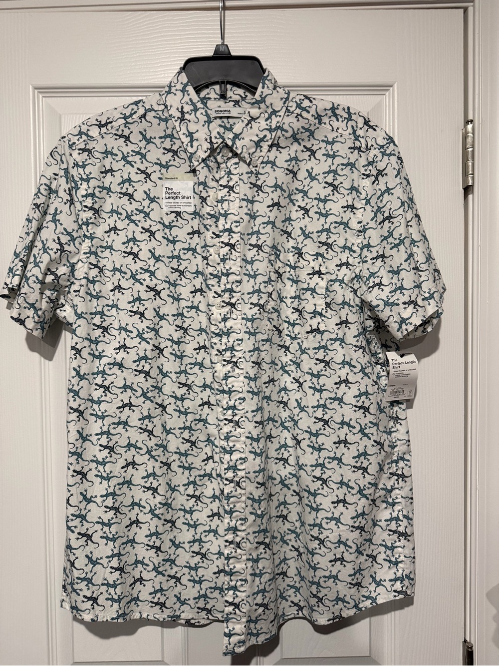 Sonoma White Short-Sleeve Button-Down Shirt with Blue Lizard Print - Picture 1 of 5